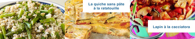 Risotto d'épeautre aux asperges et à la feta - La quiche sans pâte à la ratatouille - Lapin à la cacciatora